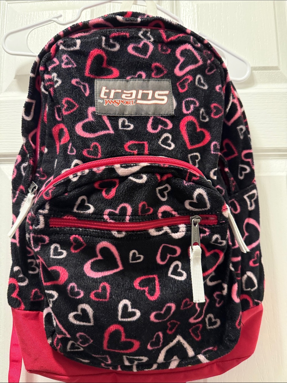 Jansport Black Plush Backpack with Pink and White Hearts